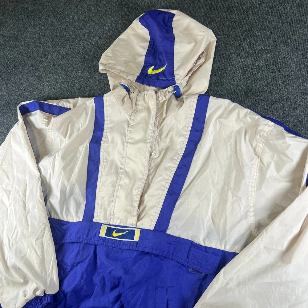 Vintage Nike Anorak‎ Jacket Mens Small Blue White Swoosh Logo Windbreaker Hooded